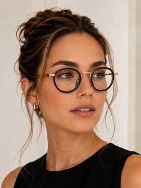 Akoni Agile Round Eyeglasses Yellow Gold Black Crystal Titanium